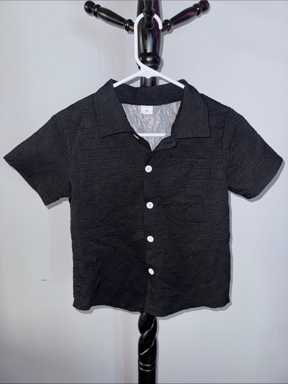 Kids Black Button-Up Textured Short Sleeve Shirt 34.T